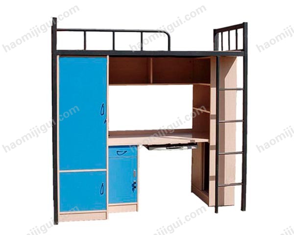 书柜和衣柜连接在床架床腿内侧,书桌将书柜,衣柜连在一起,床架有书柜