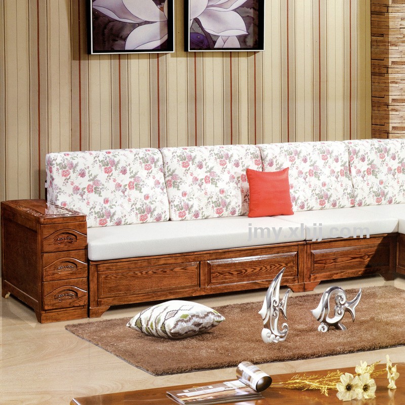 香河金木源转角贵妃多功能客厅中式沙发 实木沙发 布木沙发