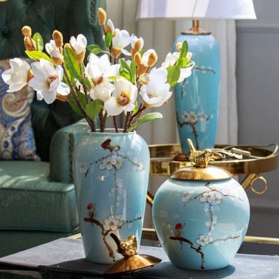 香河陶瓷手绘花瓶三件套新中式客厅摆件