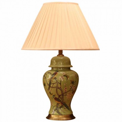 现代新中式陶瓷台灯卧室床头灯美式客厅手绘花鸟全铜布艺灯具