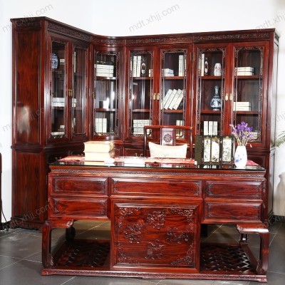香河仿古红木家具组合书柜办公桌班台中式储物柜