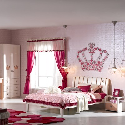 粉红色成套卧室家具 女孩卧室床