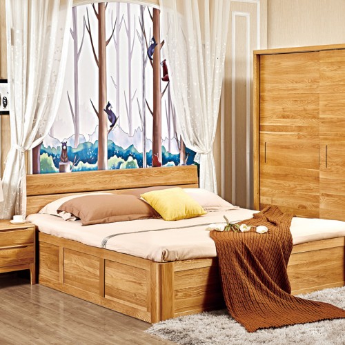 北欧高箱实木双人床+衣柜+床头柜套装38