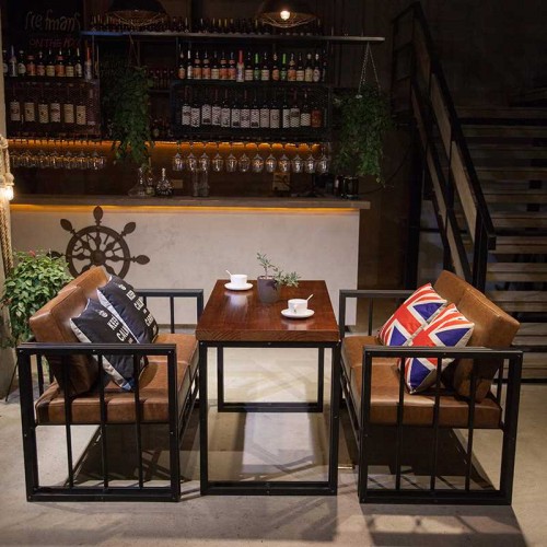 新款复古铁艺实木卡座沙发工业风酒吧餐馆西餐厅咖啡厅桌椅可定制