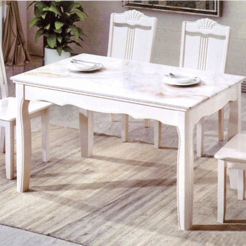 白色实木框架天然大理石台面长方形餐桌椅组合    杠6