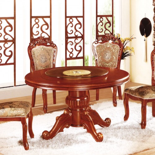 中式简约实木圆形转盘餐桌软包布艺餐椅组合    A001