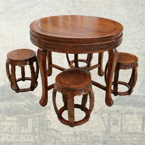 中式圆形餐桌榆木餐桌椅组合  DK-115