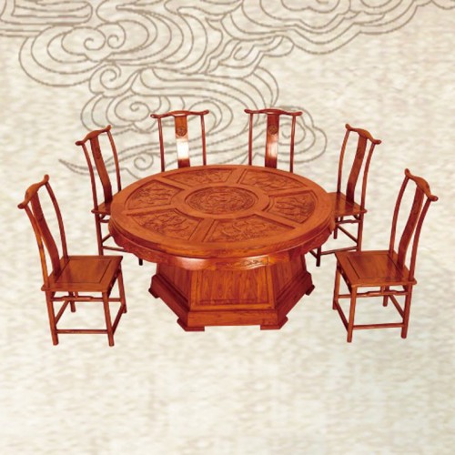 榆木圆桌仿古中式雕花餐桌椅组合  DK-110