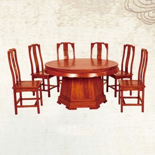榆木中式圆形餐桌椅组合  DK-109