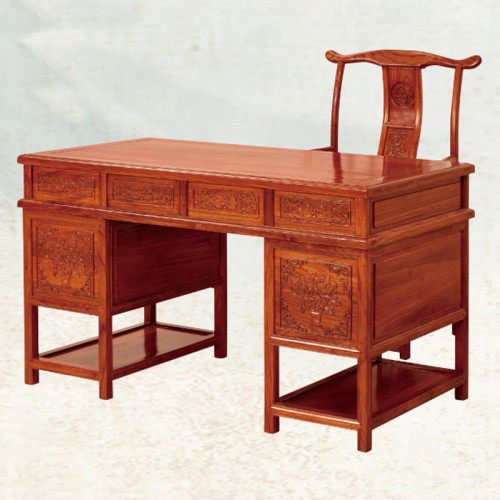 中式榆木雕花写字台仿古书桌书椅组合  DK-107