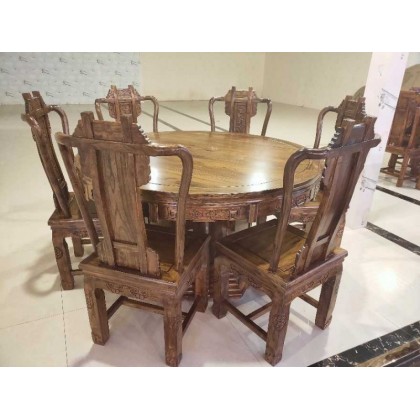 老榆木明清仿古中式实木圆桌椅子餐桌
