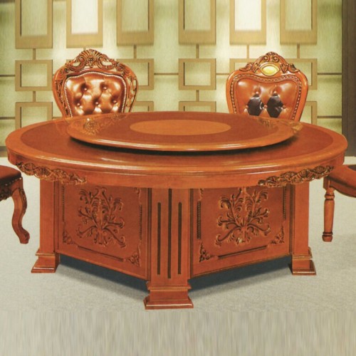 圆桌实木雕花带转盘餐桌椅组合A-043