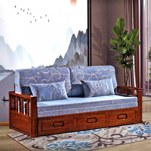 客厅小户型储物布艺沙发实木榆木推拉沙发床    榆木拉床