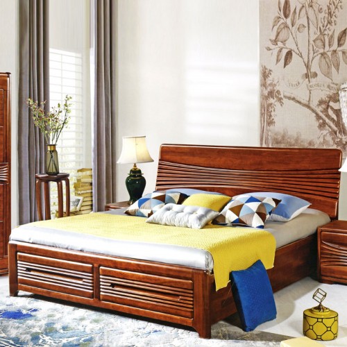 卧室1.8米双人床胡桃木全实木小户型家具定制现货H-610