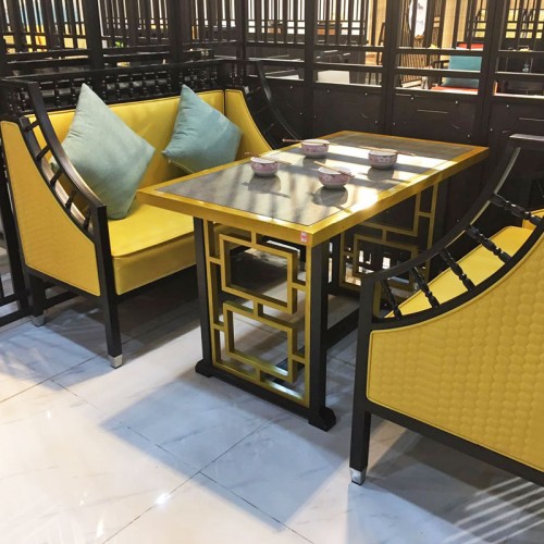餐厅新中式沙发 两人位皮质沙发黄色24#