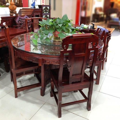 中式老榆木雕刻餐桌椅实木圆桌价格02