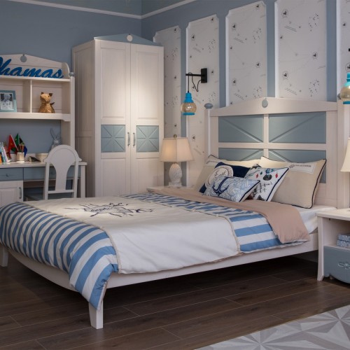 地中海风格儿童套房蓝色单人床+双开门衣柜+蓝色书桌_TCP03套房