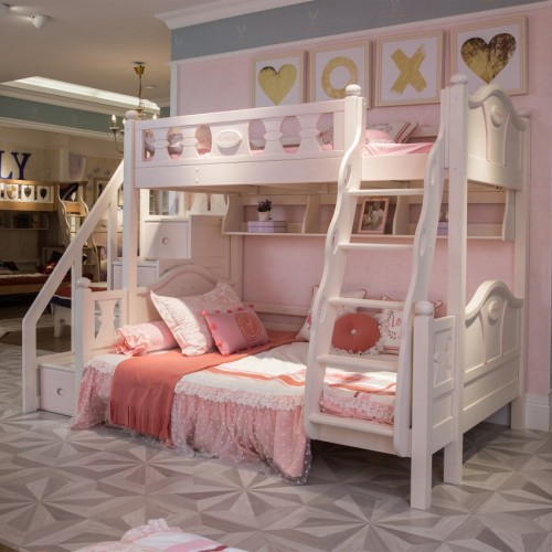 女童粉色带步梯上下铺时尚粉色女孩步梯双层床_TCZ06粉色双层床