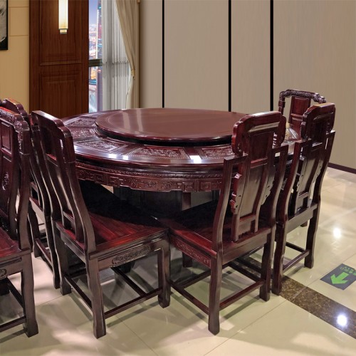 红木圆餐桌实木仿古雕花圆形餐台椅组合10