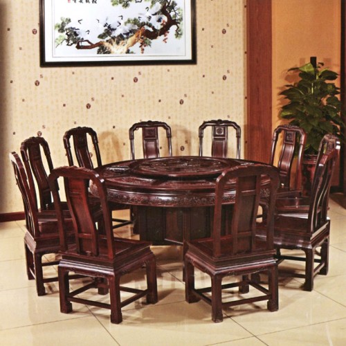 高档红木餐厅雕花桌椅组合批发厂家 和谐圆台#