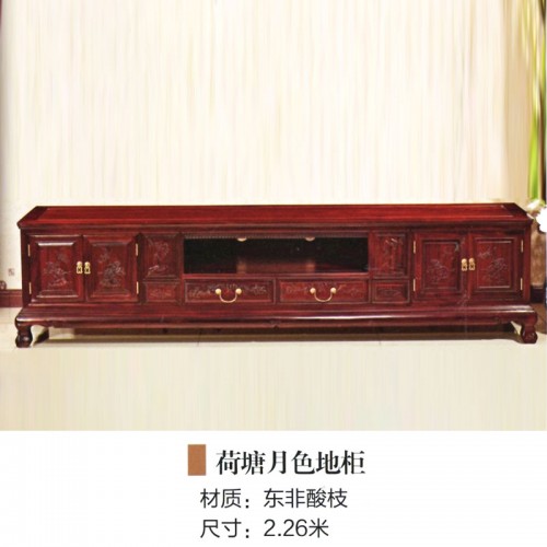 中式红木雕花客厅地柜电视柜  荷塘月色地柜#
