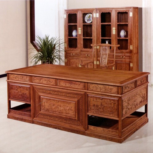实木雕花办公桌书房家具 办公台与书柜#
