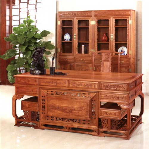 高档实木雕花书桌办公桌 2米弯脚办公台和书柜#