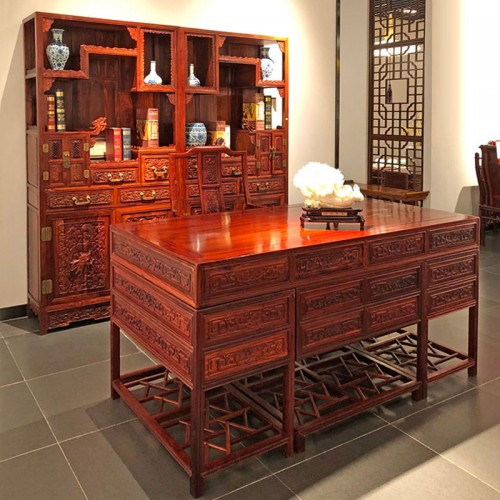 中式实木写字台定制 仿古红木书桌书柜尺寸04