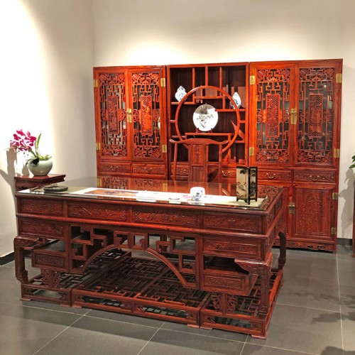 中式红木书桌书柜 仿古雕花办公桌定做批发05