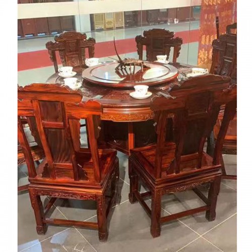 明清古典雕花饭桌 实木圆餐桌餐椅04