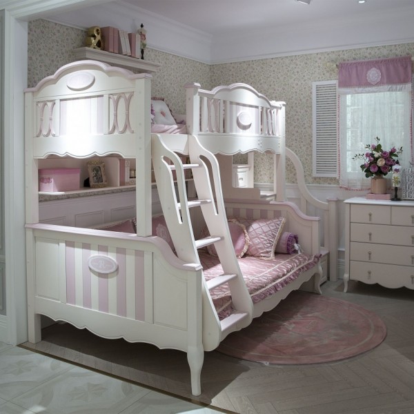 豆丁儿童家具粉色女孩实木床上下床