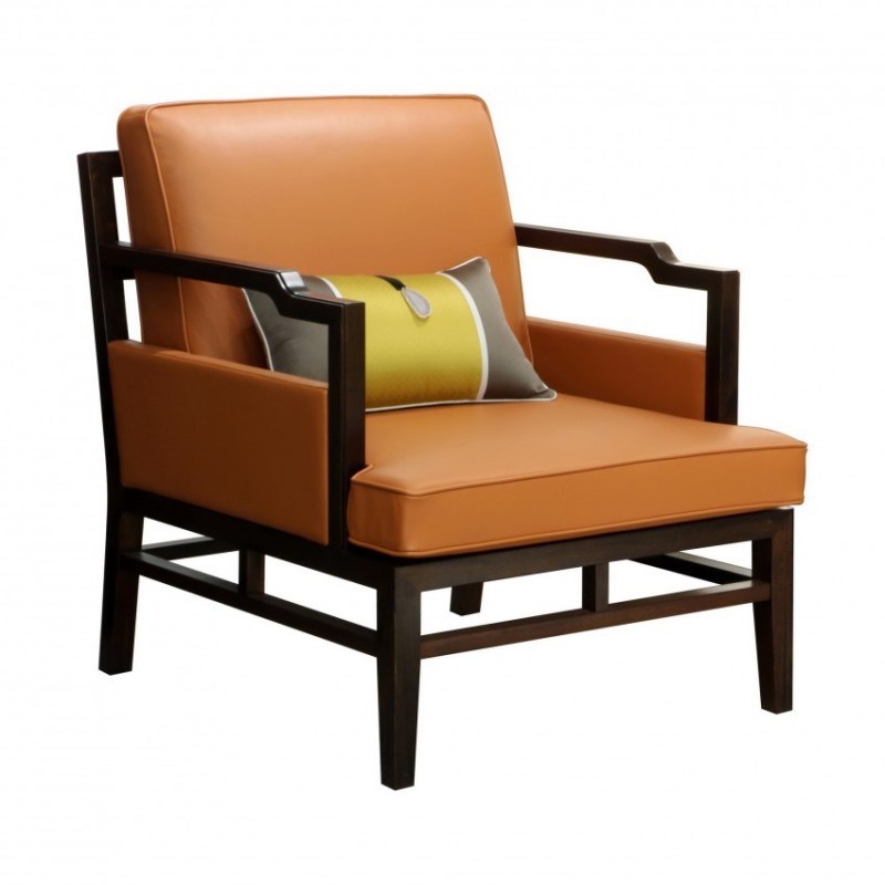 檀意新中式黑檀实木客厅书房橙色白色皮面休闲椅HT9907-22A