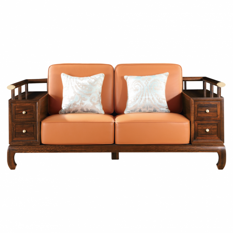 檀意新中式黑檀实木客厅橙色真皮二人沙发HT9903B-D