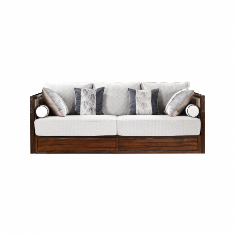 檀意新中式黑檀实木客厅灰色皮布结合双人沙发HT9905C-B