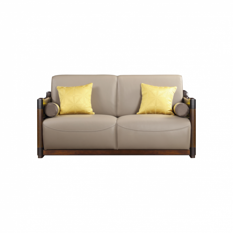 檀意新中式黑檀实木客厅灰色牛皮双人沙发HT9906B-D