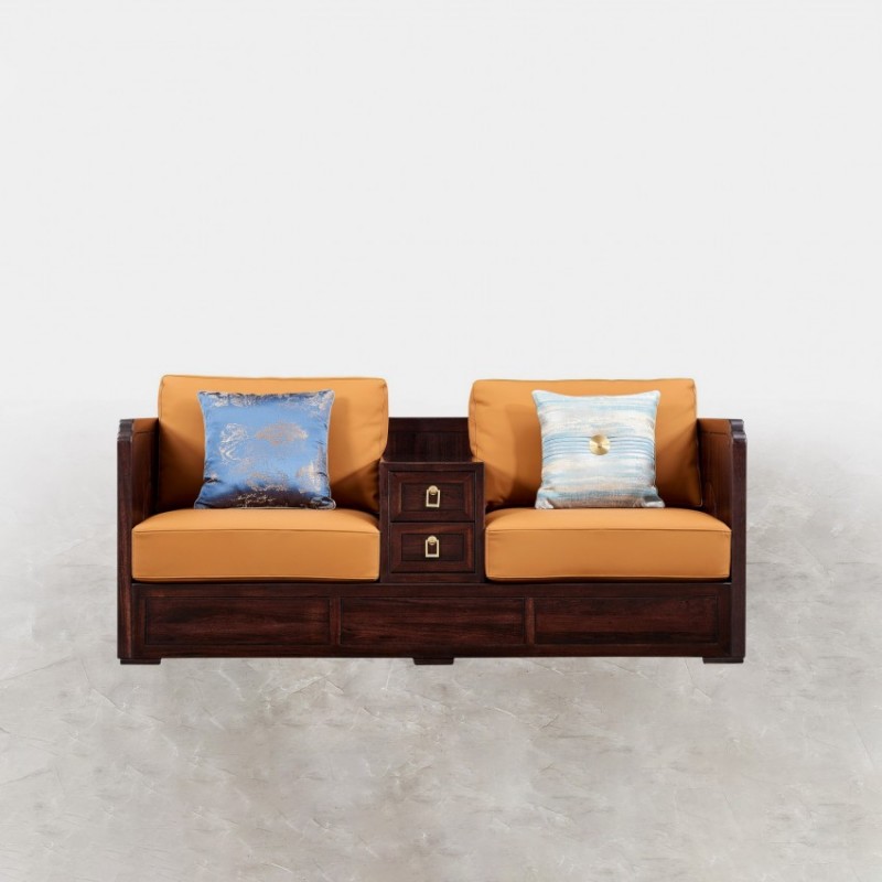 和天下新中式乌金木客厅橙皮革布艺双人沙发W-B107-2