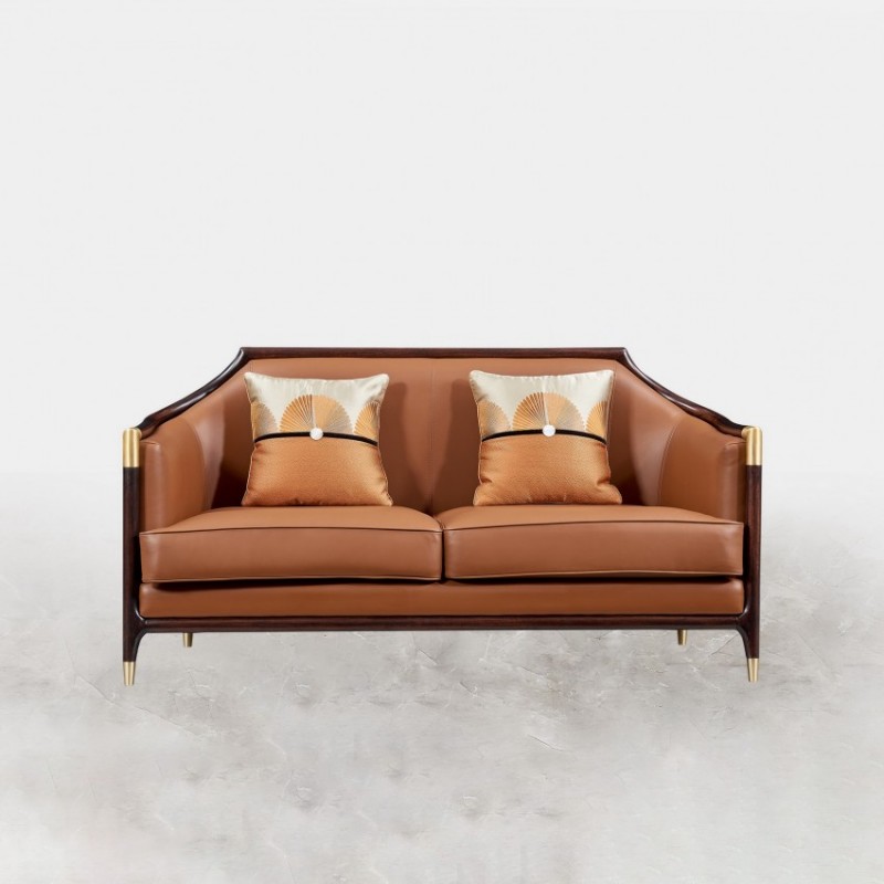 和天下新中式乌金木客厅橙皮革双人沙发W-B106-2