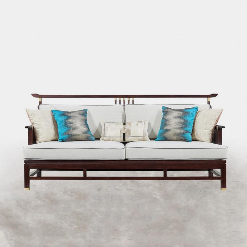 和天下新中式乌金木客厅白色布艺皮革三人沙发W-B102-3