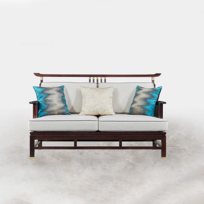 和天下新中式乌金木客厅白色布艺皮革双人沙发W-B102-2