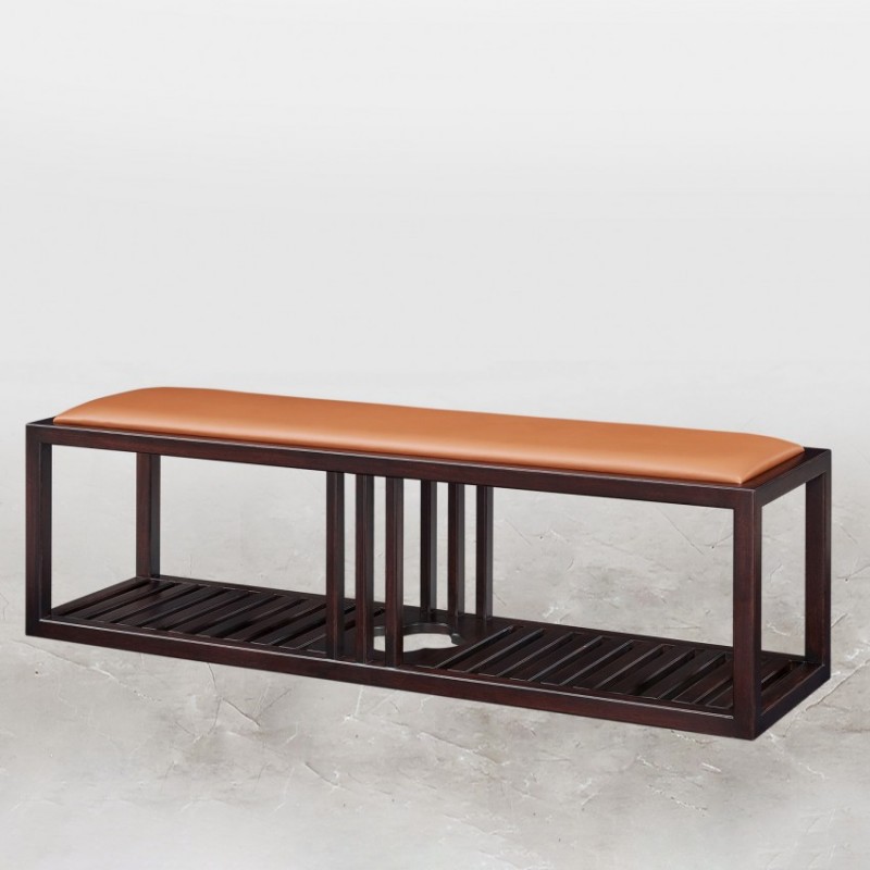 和天下新中式乌金木卧室实木橙色皮革床尾凳W-A501