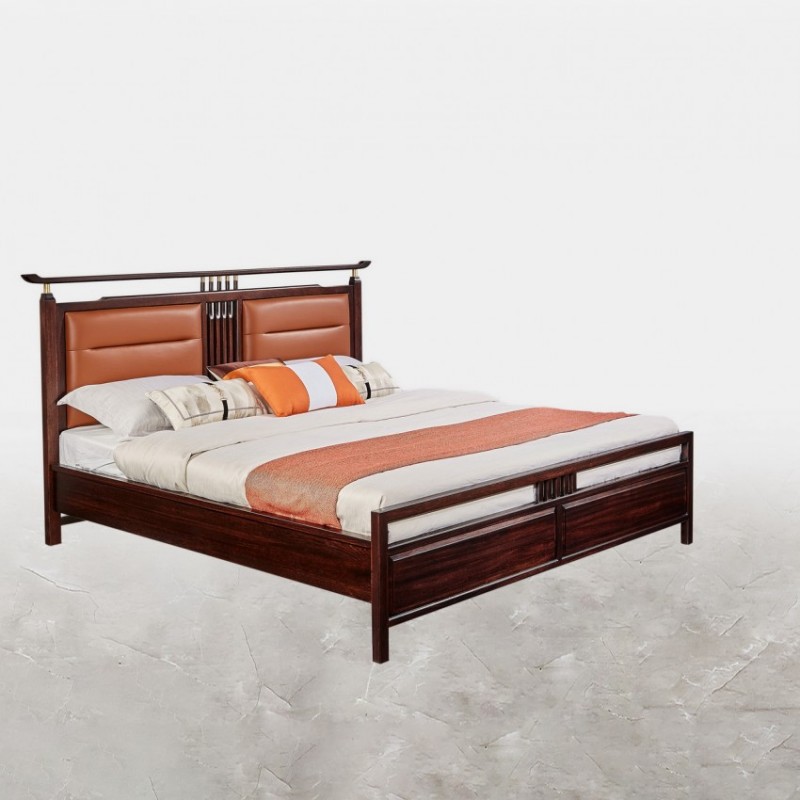 和天下新中式乌金木卧室橙色皮革双人床W-A103