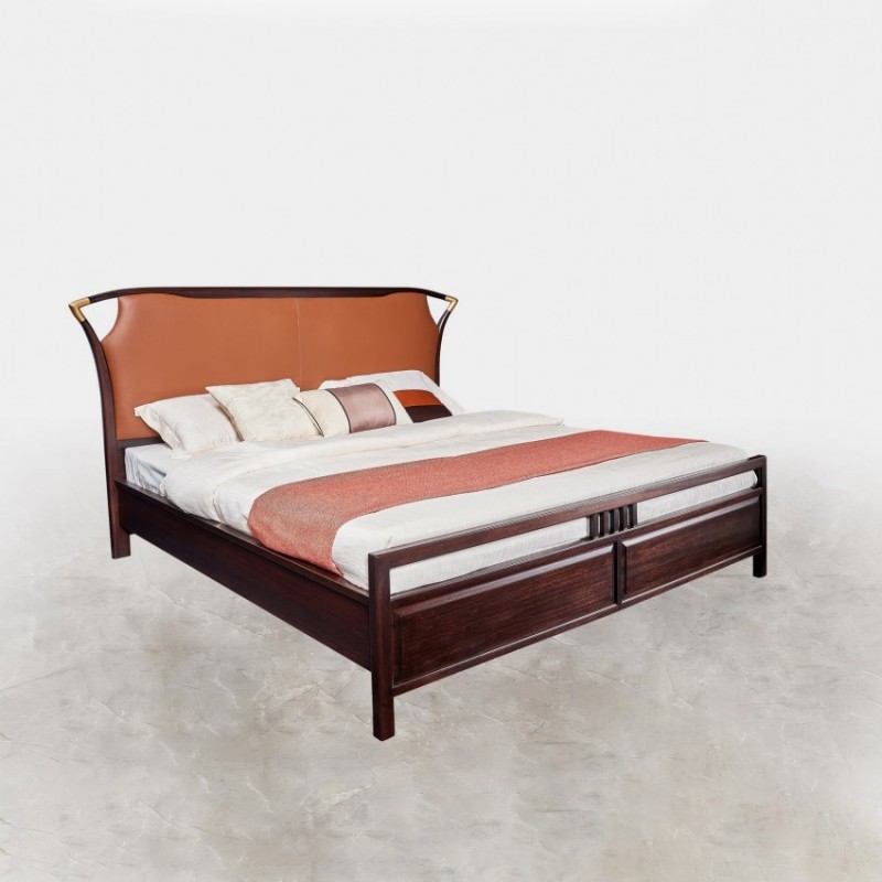和天下新中式乌金木卧室橙色皮革双人床W-A102