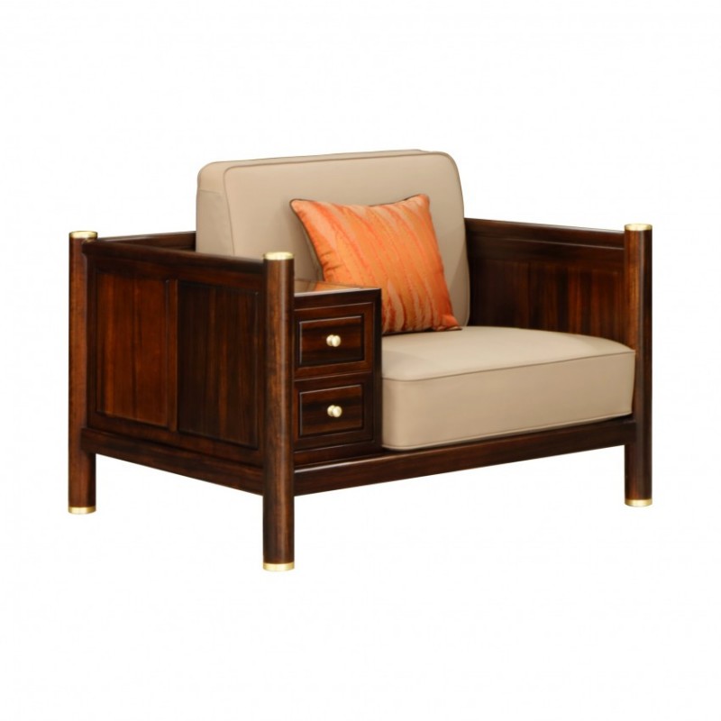 檀意新中式黑檀实木客厅真皮单人沙发 HT9912A