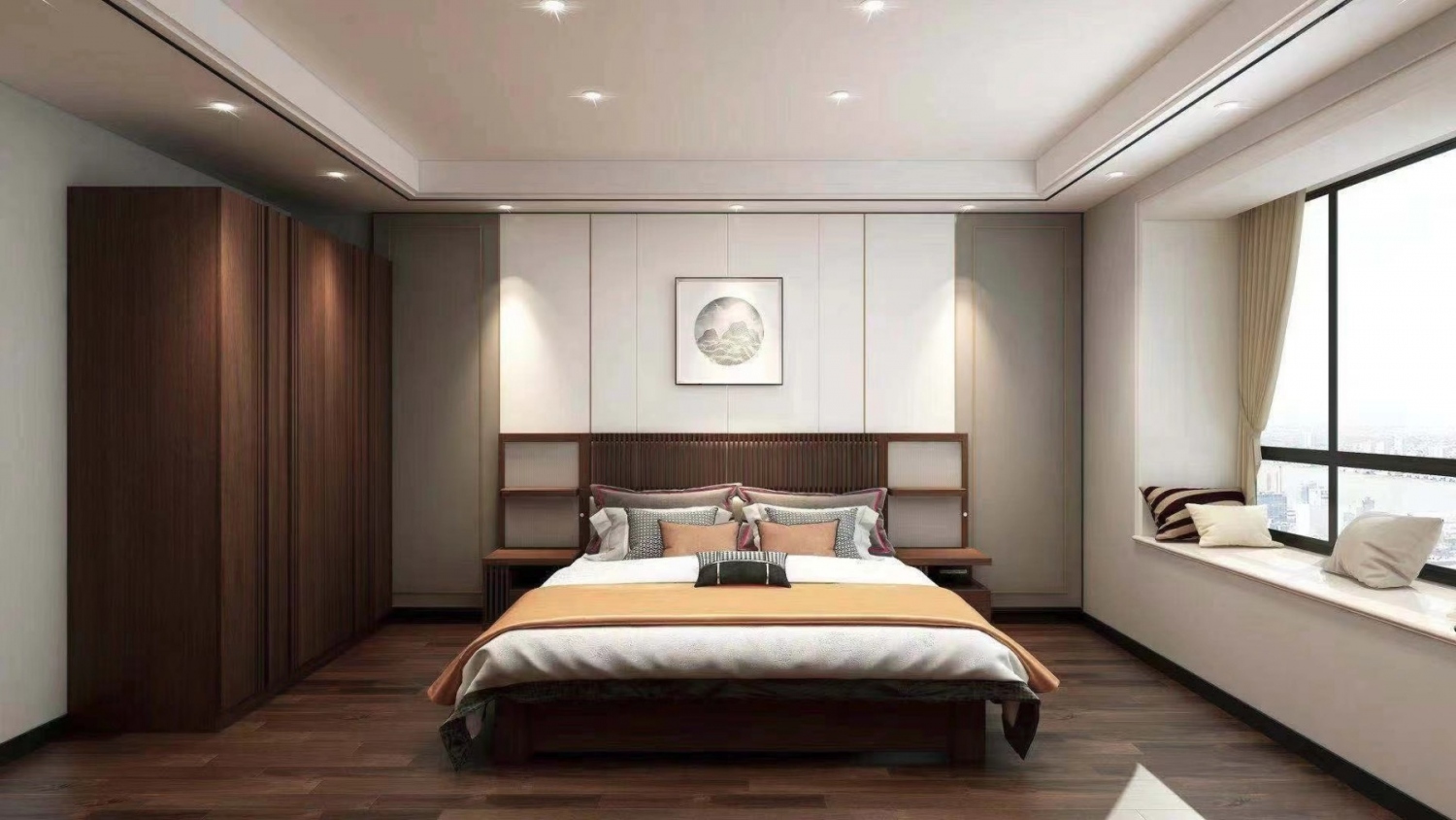 功匠工房卧室实木床+床头柜组合01