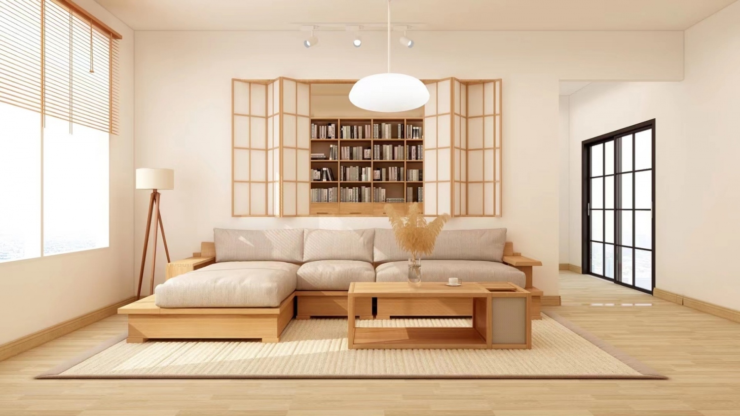 功匠工房客厅实木家具-沙发+茶几+书柜