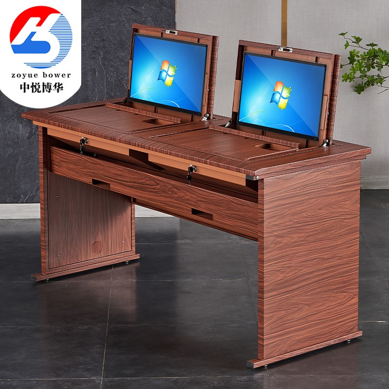 翻转电脑桌机房教室电脑桌学生课桌培训桌T木纹双人