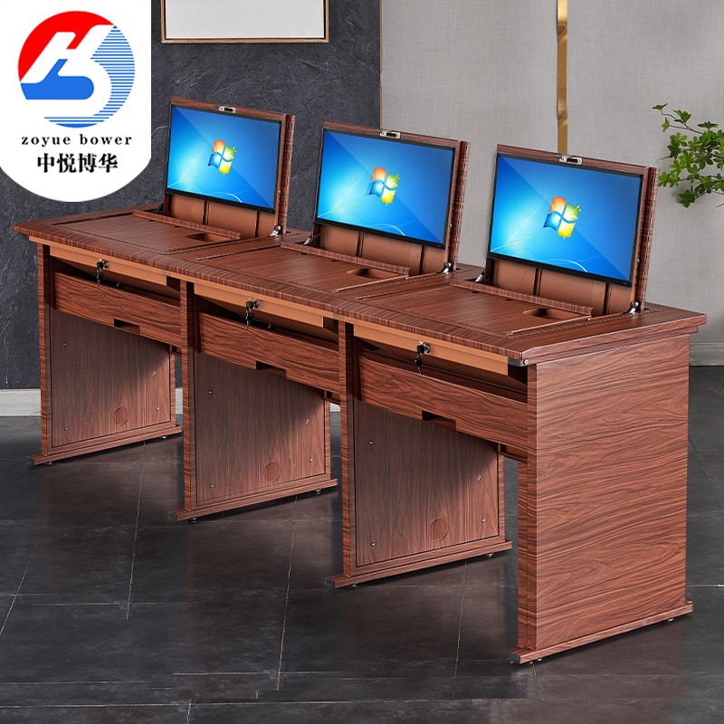 三人翻转电脑桌钢制学生课桌教室培训桌T型木纹三人