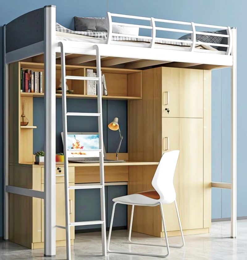 GZC-03 单体单人位公寓床-侧爬梯-木制床下柜