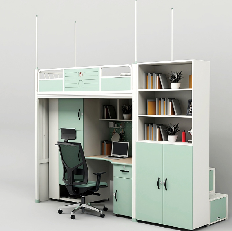 GZC-04 单体单人位公寓床-侧步梯-木制床下柜