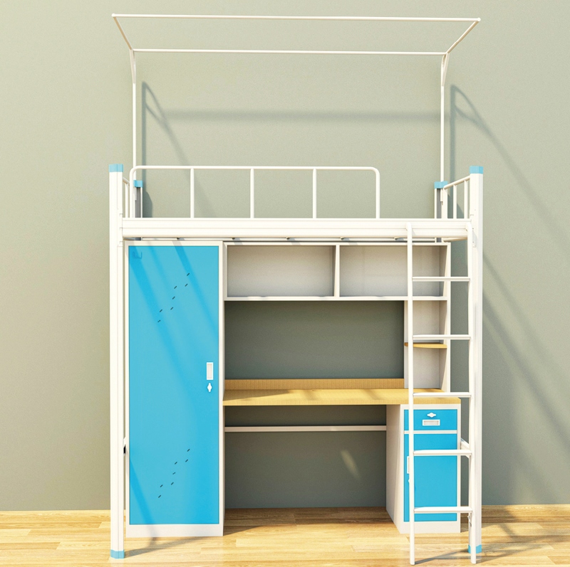 GZC-05 单体单人位公寓床-侧爬梯-钢制床下柜